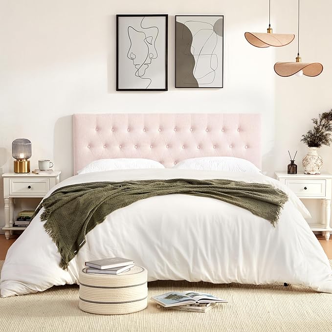 Tufted Upholstered Headboard Twin Size, Solid Wood Head Board with Durable Metal Legs, Adjustable Height Bed headboard from 37” to 51” Fabric Headboard in Modern Button Design, Pink