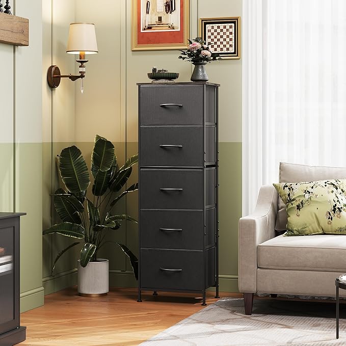 WLIVE Fabric Dresser, 5-Drawer Tall Dresser for Bedroom, Storage Organizer with Fabric Bins, Wood Top, Sturdy Steel Frame, Chest of Drawers for Closet, Hallway, Charcoal Black