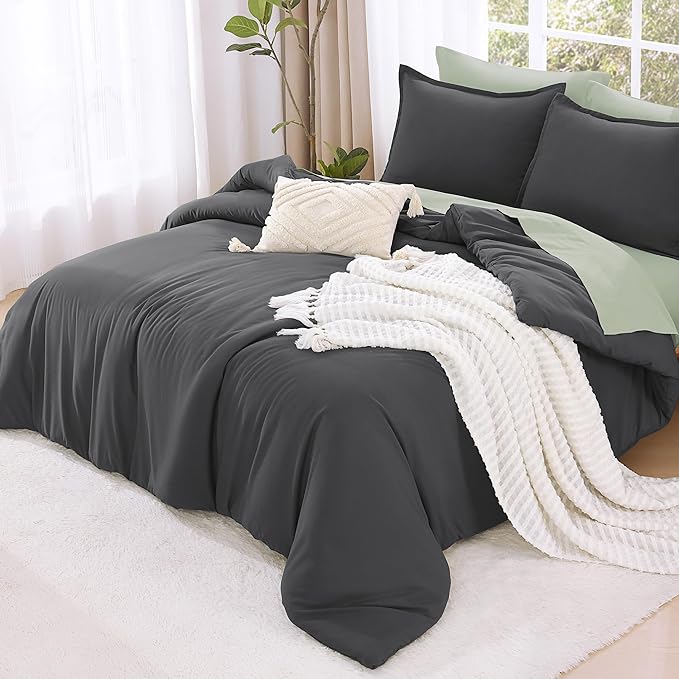 Litanika Grey Comforter King Size Set, Dark Gray Lightweight Plain Bedding Comforters Sets, All Season Fluffy Bed Set (104x90In Comforter & 2 Pillowcases)