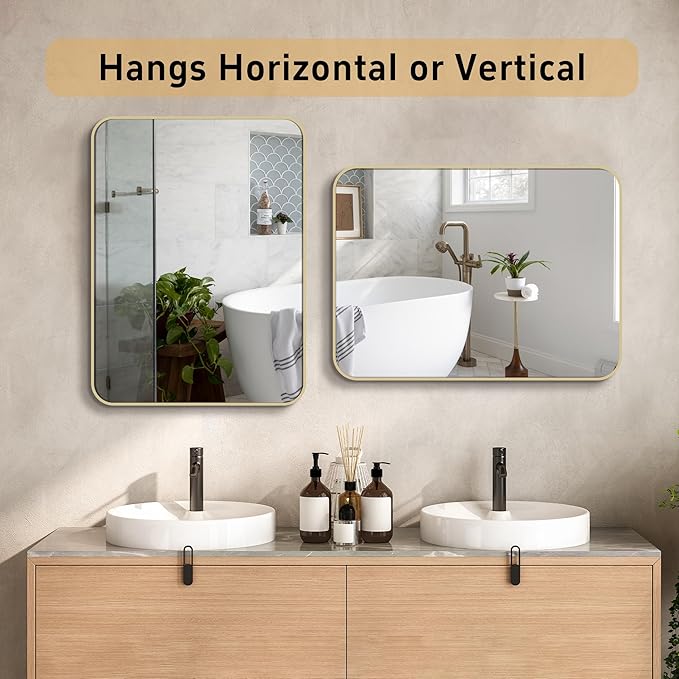 24"x36" Matte Gold Mirror for Wall, Brushed Metal Framed Rounded Corner Rectangular Mirror for Bathroom Vanity,Entryway,Living Room,Bedroom,Vertical or Horizontal