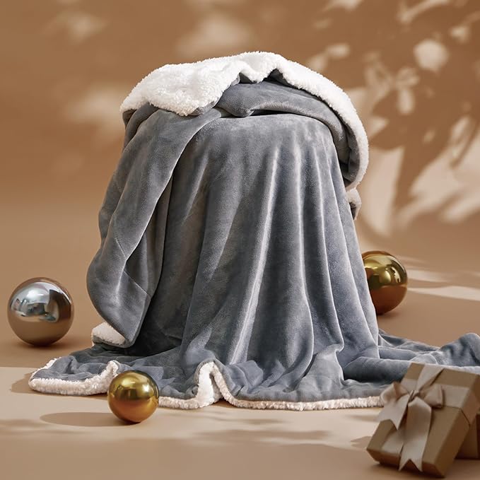 Bedsure GentleSoft Sherpa Fleece Throw Blanket for Couch - Thick and Warm Christmas Blanket for Winter, Soft Fuzzy Plush Throw Gift for Women and Men, Grey, 50x60 Inches