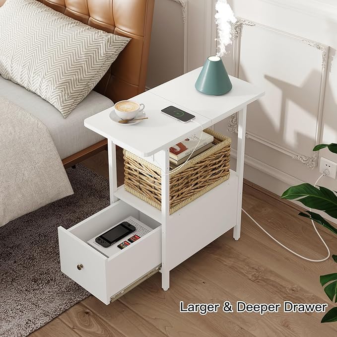 LIDYUK End Table with Charging Station, Narrow Side Table with Drawer and USB Ports & Power Outlets, Nightstand Bedside Tables for Small Spaces, Bedroom, Living Room, White, Set of 2