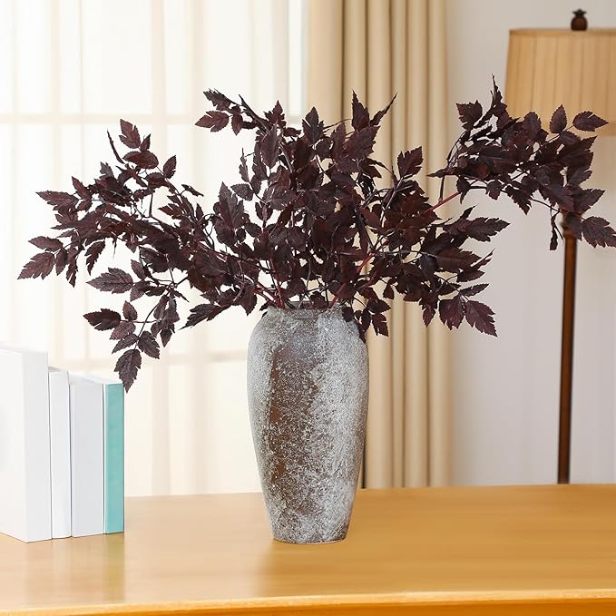 Lyrow 3 Pack Artificial Cimicifuga Plant Leaf Spray Faux Plum Cimicifuga Ramosa Leaf Branch Faux Fall Spray Silk Plants for Home Vase Wedding Garden Farmhouse Table Mantel Decor (32 Inches)