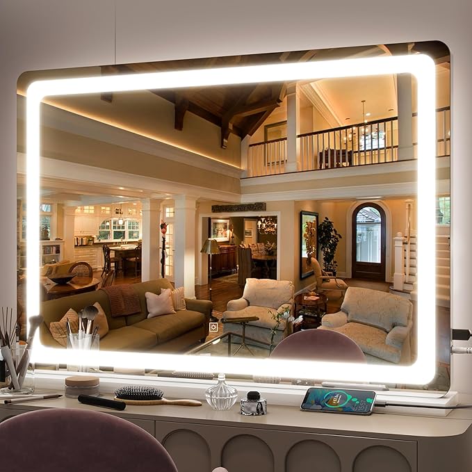 FENNIO Vanity Mirror with Lights 32"x22", Lighted Makeup Mirror, Large Vanity Mirror with Lights, Touch Sensor with 3-Color Lighting, USB Charging Port for Vanity Desk Tabletop