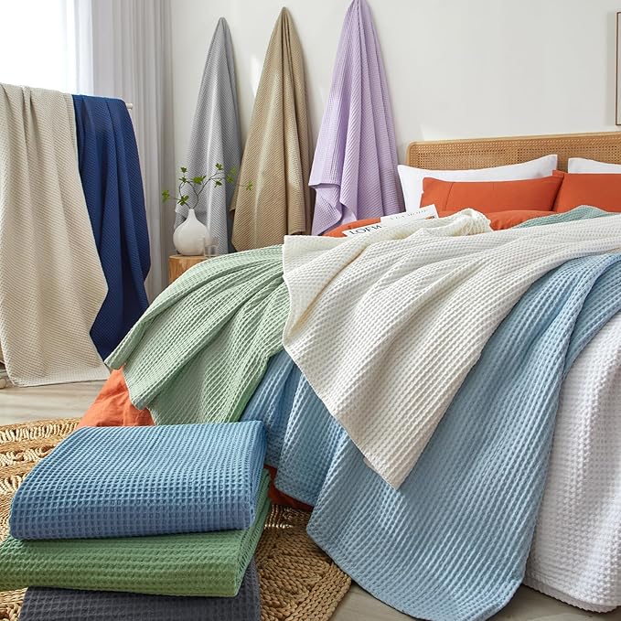 PHF 100% Cotton Waffle Weave Throw Blanket，Pre-Washed Snag Proof Lightweight Breathable Moisture-Wicking for Layering in Cold Weather for Couch Bed,Machine Washable,Home Decor Gift-Khaki/Simply Taupe