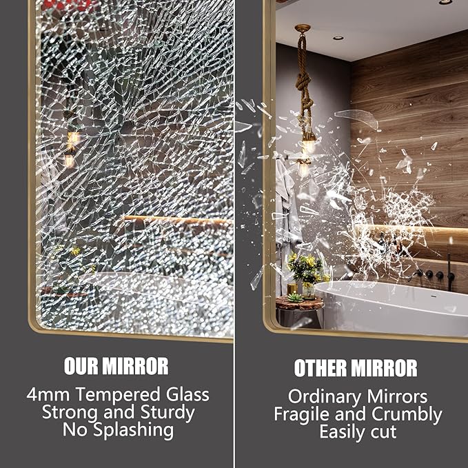 48x36 Inch Gold Bathroom Mirror, Brushed Metal Framed Gold Wall Mirror, Modern Rounded Rectangle Brass Vanity Mirror, Shatterproof, Anti-Rust (Horizontal/Vertical)