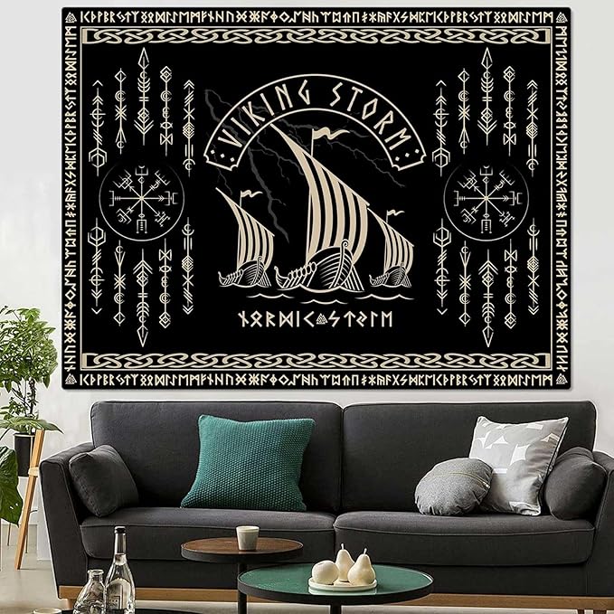 OSUNBD Viking Warship Tapestry Wall Hanging - Large 108x90 inches Storm & Celtic Runes on Soft Flannel Aesthetic Mythology Tapestries Norse Mythology Art for Bedroom, Living Room Decor