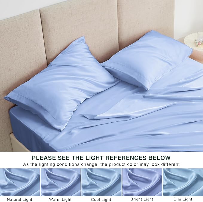Love's cabin Satin Queen Sheets Set - 4 Piece Sky Blue Silky Bed Sheets with Deep Pocket, Luxury Silk Feel Satin Queen Size Sheet Set (1 Flat Sheet,1 Fitted Sheet,2 Pillow Cases)