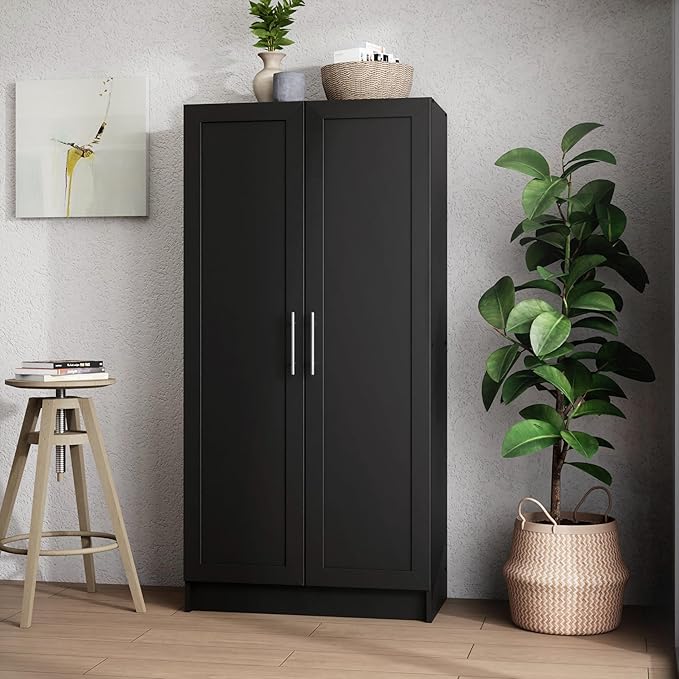 Prepac Elite Accent Cabinet with Panel Doors, Black Storage Cabinet, Bathroom Storage, Pantry with 3 Shelves 16.75" D x 32" W x 65" H