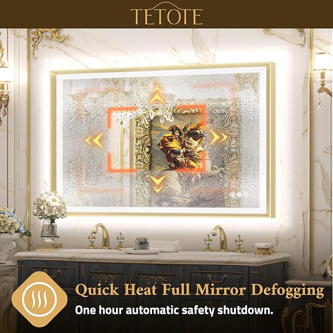 TETOTE 48x30 LED Bathroom Mirror with Lights Gold Metal Framed Front & Back Light Vanity Mirror Baroque Antifog Stepless Dimmable White/Warm/Natural,CRI90+,Waterproof,Wall Mounted(Horizontal/Vertical)