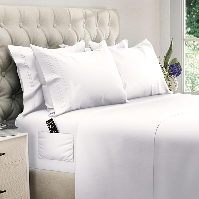 DREAMCARE Sheets Full Size Bed - Cooling Bed Sheets - 6pcs Set - Full Sheet Set - Full Size Sheets - Full Size Sheet Sets Soft & Long Lasting 100% Fine Brushed Polyester with Side Pocket - White