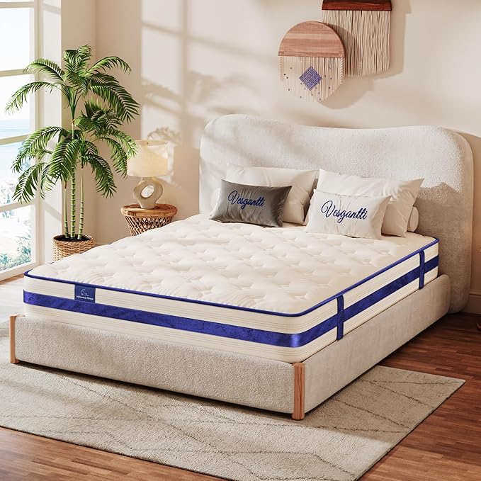 Vesgantti Queen Mattress,12 Inch Hybrid Innerspring Mattress in a Box with Memory Foam,Back Support & Pressure Relief,Medium Firm Feel for Adults (Queen Size)