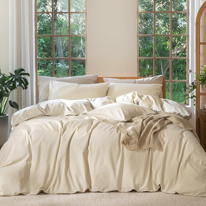 MooMee Bedding Duvet Cover Set 100% Washed Cotton Linen Like Textured Breathable Durable Soft Comfy (Heathered Almond Milk Grey, Oversized King Plus 128"x120")