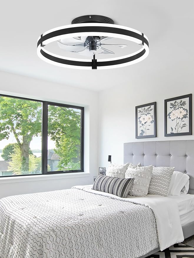 ZMISHIBO Ceiling Fans with Lights and Remote, 19.7'' Low Profile Ceiling Fan, 3000-6000K Dimmable Modern Flush Mount LED Fan Light, 6 Wind Speeds, Black Fandelier Ceiling Fans for Bedroom