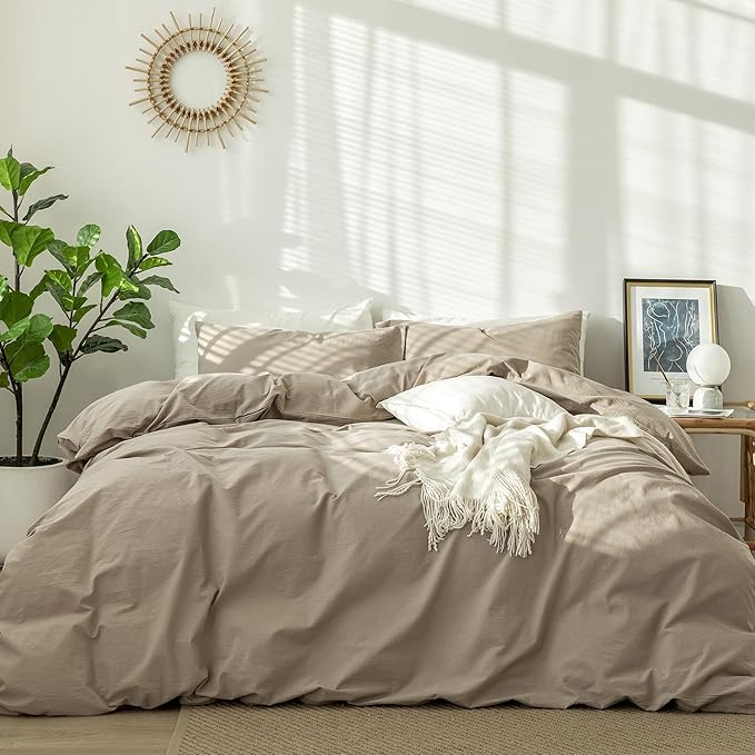 MooMee Bedding Duvet Cover Set 100% Washed Cotton Linen Like Textured Breathable Durable Soft Comfy (Solid Light Camel, Queen 90"x90")