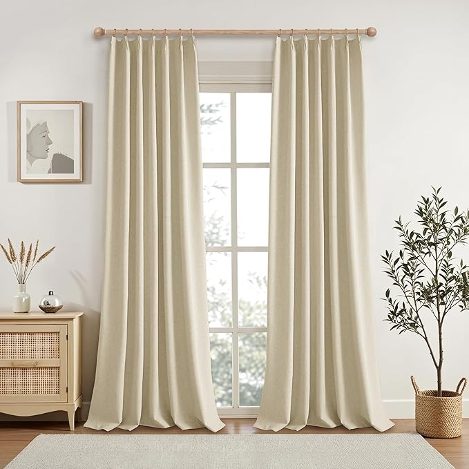 KangBang Pinch Pleat Blackout Linen Curtains 102 Inches Long, Pleated Linen Drapes 2 Panels Set for Living Room Dining with Hooks, Soft Elegant Window Treatments with Hooks,42Wx102L, Natural Beige