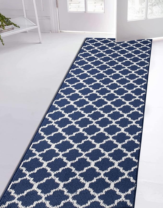 Custom Size Cut to Length Moroccan Trellis Design Runner Rug Mat For Wide Long Hallways with Non-Slip Rubber Backing, Better Traction for Pets, Prevent Slippage, Trellis Navy Blue, 31 inch X 13 feet