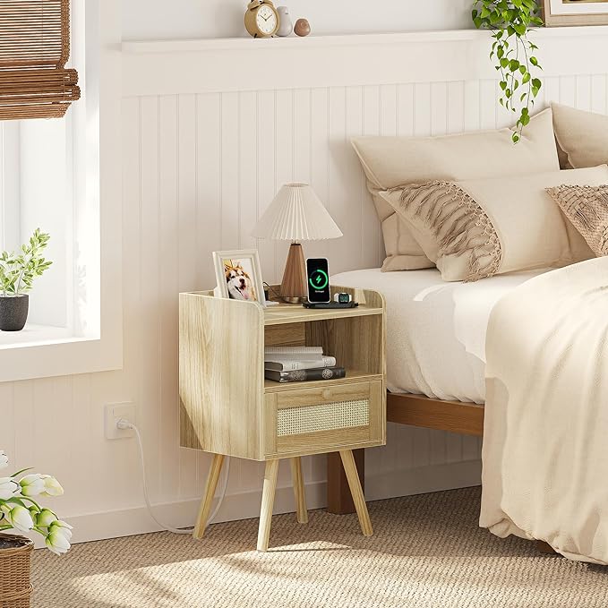 SUPERJARE Nightstands Set of 2, Night Stands with Charging Station & PE Rattan Decor Drawer, Bed Side Tables with Solid Wood Feet, End Table, for Bedroom, Living Room - Natural