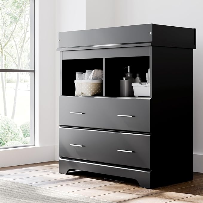 Storkcraft Brookside 2 Drawer Changing Table Dresser (Black) – GREENGUARD Gold Certified, Easy-to-Match Chest of Drawers and Cubbies for Nursery and Kids Bedroom, Includes Changing Table Topper