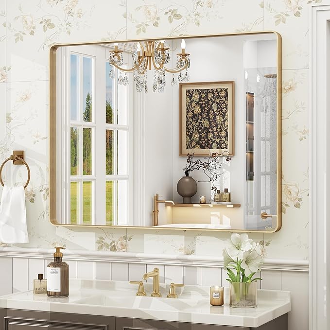 40x30 Inch Gold Framed Bathroom Mirror, Brushed Gold Metal Vanity Mirror, Gold Rectangle Mirror for Wall, Rounded Corner, Tempered Glass, Anti-Rust, Shatterproof (Horizontal/Vertical)