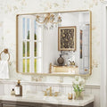 40x30 Inch Gold Framed Bathroom Mirror, Brushed Gold Metal Vanity Mirror, Gold Rectangle Mirror for Wall, Rounded Corner, Tempered Glass, Anti-Rust, Shatterproof (Horizontal/Vertical)