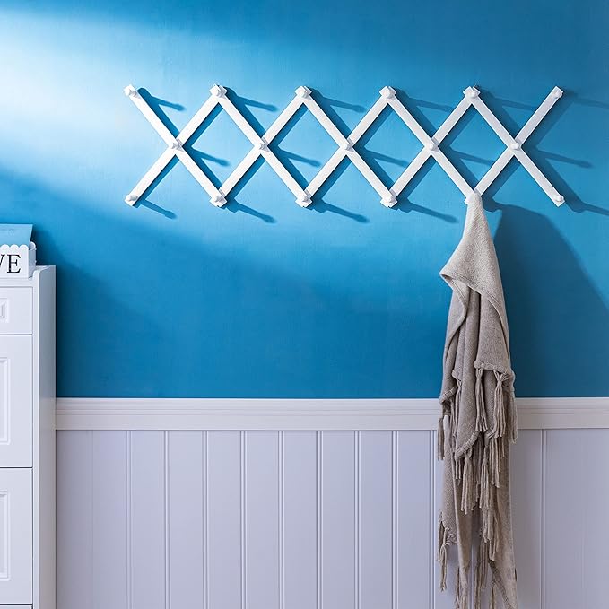 SKOLOO Hat Rack for Wall with 17 Hooks, Solid Wooden, Modern, Expandable Coat Rack Wall Mount for Coats, Hats, Bags, Baseball Caps, White