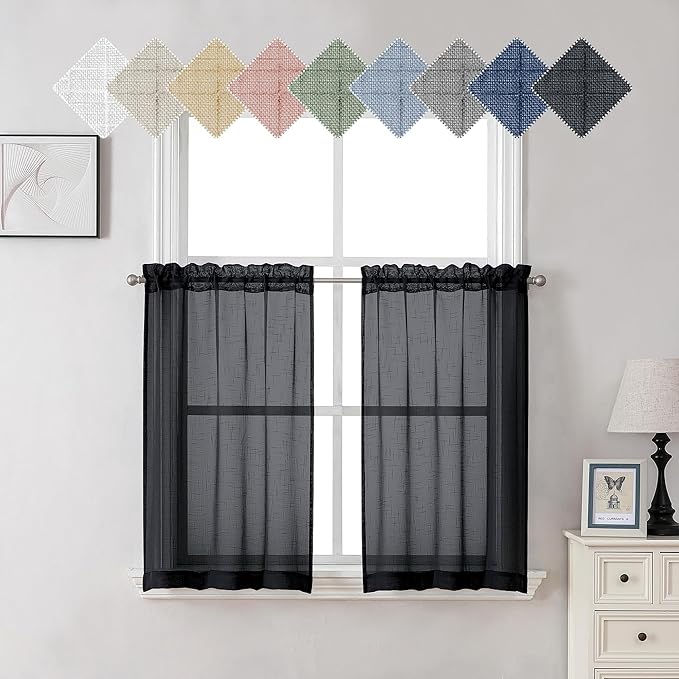 Aiyufeng Kirei 2 PCS Black Sheer Textured Curtains 36 inch Length, Faux Linen Textured Soft Elegant Short Cafe Curtains for Farmhouse Bathroom Bedroom Small Windows, Each 30Wx36L inch