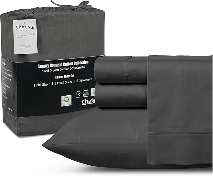 100% Organic Cotton Twin Sheets Set, 300TC Sateen Weave 3 PC Twin Bed Sheets, Fully Elasticated Sheet & Pillowcase Sets, Soft & Comfy No Lint Machine Washable Grey Sheet, Fade Resistant – Charcoal