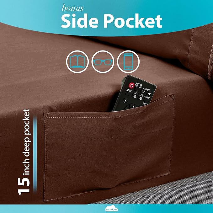 DREAMCARE Full Size Sheets Set - 6 Pcs Deep Pocket Cooling Bed Sheets - Soft, Long Lasting 100% Brushed Microfiber with Side Pocket (Mocha Brown, Full)