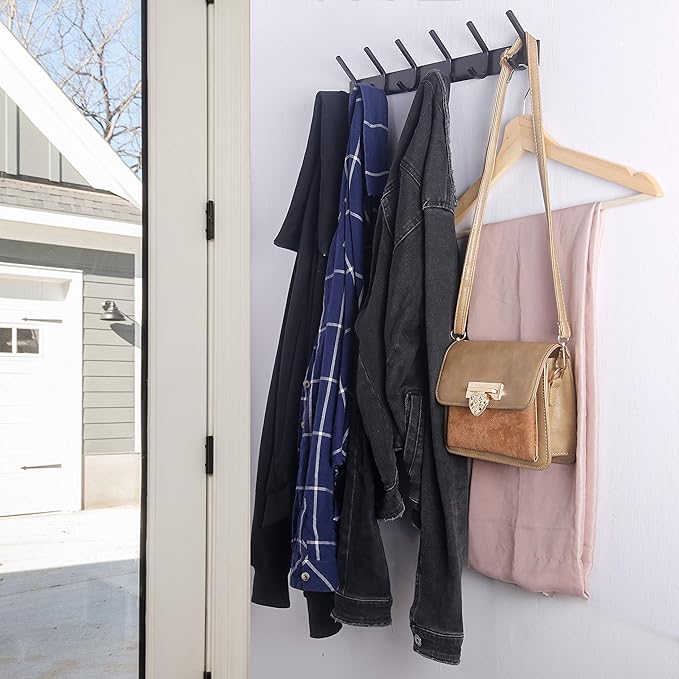 WEBI Coat Rack Wall Mounted,5 Coat Hooks for Hanging Coats,Heavy Duty Metal Double Hook Rack Hook Rail Coat Hanger Wall Mount for Clothes Entryway Jacket,Black,2 Packs