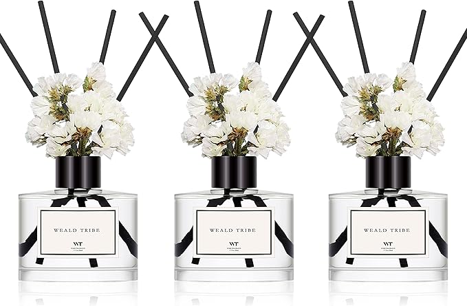 WEALD TRIBE Real Flower Reed Diffuser Set of 3 for Bathroom Shelf Decor, Sticks Diffuser with Essential Oils Included | Lavender & Eucalyptus,Jasmine & Lily,Sandalwood Rose Scent(1.7 fl oz/Pack)