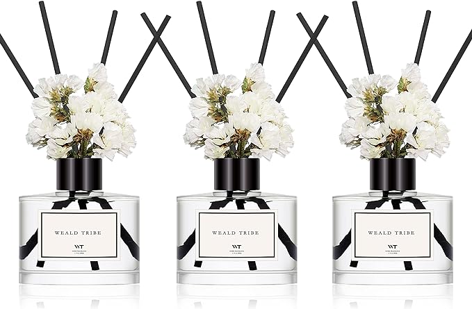 WEALD TRIBE Flower Reed Diffuser Set of 3 for Bathroom Accessories Shelf Decor & Air Fresheners, Stick Defusers | Velvet Vanilla, Hotel White Tea, Tahitian Crown Flower Scent(1.7oz/Pack) Office Gift