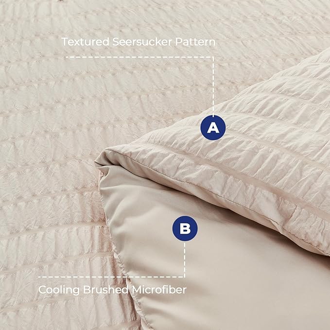 HYMOKEGE Beige Queen Comforter Set Seersucker 7 Pieces, All Season Luxury Bed in a Bag for Bedroom, Bedding Set with Comforters, Sheets, Pillowcases & Shams