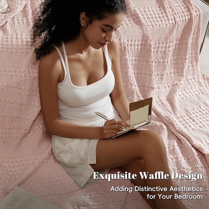 PHF 100% Cotton Waffle Weave Blanket King Size for Bed, Soft Lightweight & Breathable, All-Season Comfort, Luxury Aesthetic Woven Bedding for Home Decor, 108"x90", Pink/Mauve