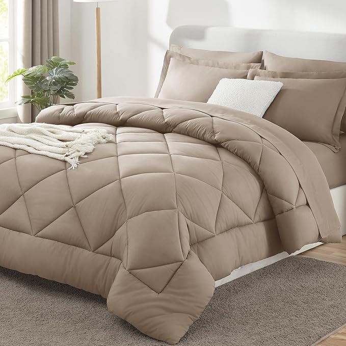 CozyLux Queen Comforter Set Khaki - Bed in a Bag Queen Size 7 Pieces, Luxury Soft Bed Set for All Seasons, Bedding Set with Down Alternative Comforter, Sheets, Pillowcases & Shams