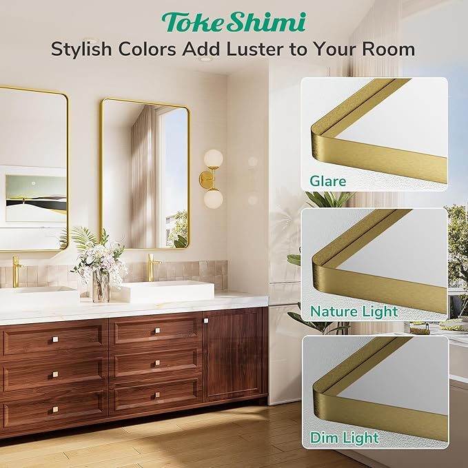 TokeShimi Brushed Gold Bathroom Mirror,40x30 Large Bathroom Mirror Rectangle,Aluminum Vanity Mirror Bathroom Wall with Tempered Glass,Modern Gold Mirror Framed(Horizontal/Vertical)