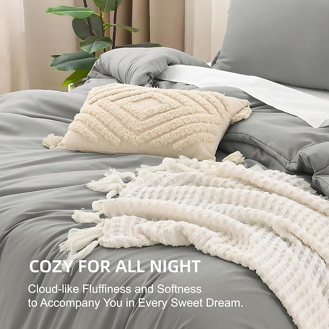 Litanika Comforters Medium Gray Oversized King Size, 3 Pieces Lightweight Solid Bedding Set & Collections, All Season Fluffy Bed Set (120x98In Comforter & 2 Pillowcases)