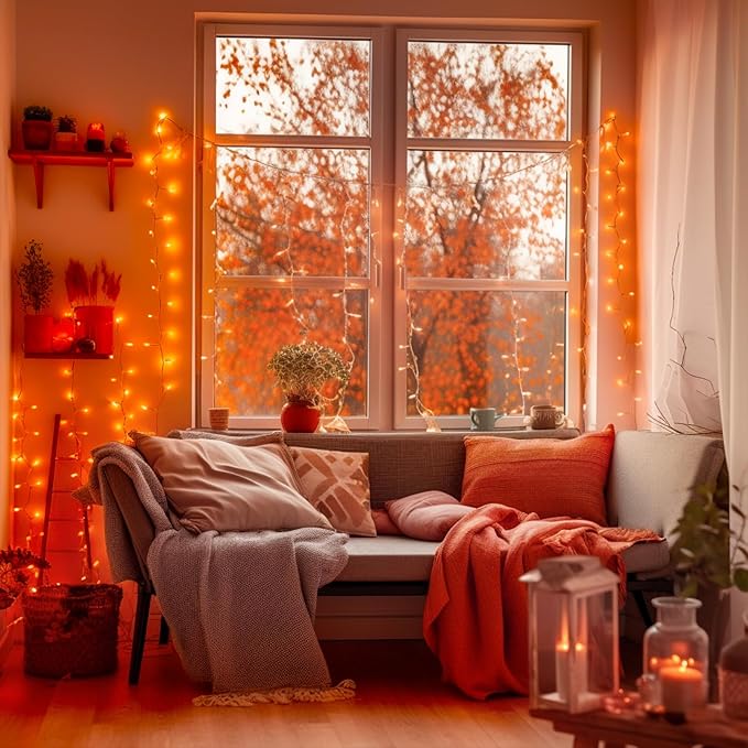 JMEXSUSS 66ft 200 LED Christmas String Lights Outdoor Indoor, Connectable Orange String Lights Clear Wire, Fall Light Plug in for Fireplace Tree Garden Patio Thanksgiving Fall Halloween Decor