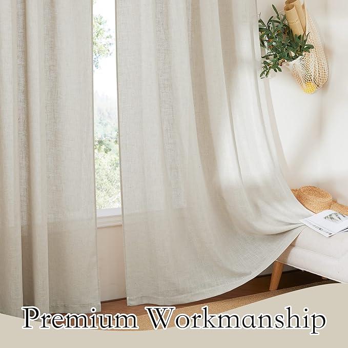 RYB HOME Short Curtains Europe Flax Linen Woven Semi Sheer Drapes Window Treatments Sun Shades Light Filtering Glare Control for Bathroom Nursery Bay Window Laundry Room, W 52" x L 45", Angora, 2 PC