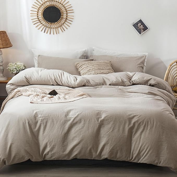 MooMee Bedding Duvet Cover Set 100% Washed Cotton Linen Like Textured Breathable Durable Soft Comfy (Heathered Tannish Linen Grey, Super King Plus 120"x120")