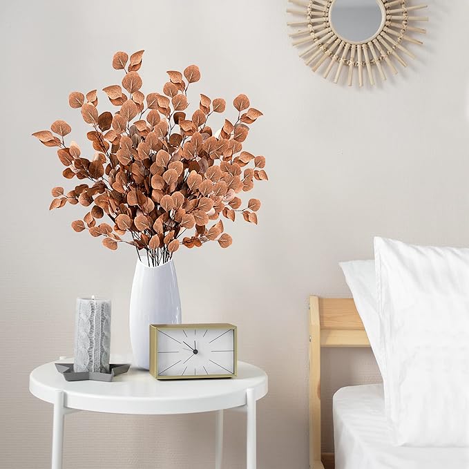 Sggvecsy 6 Pcs Fall Artificial Eucalyptus Stems Long Silver Dollar Leaves Fake Silk Eucalyptus Leaf Branches for Indoor Home Autumn Festival Thanksgiving Decor(Dark Brown)