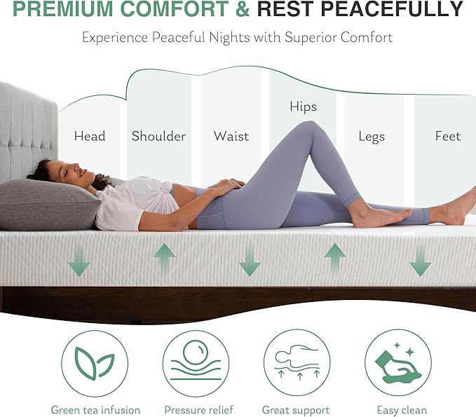 King Mattress in a Box, 10 inch Mattresses for Platform Bed Double Size Daybed, Green Tea Memory Foam Medium Firm