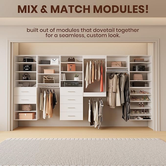 ROOMTEC 22.5" Double Hanging Closet Unit, Modular Closet System with Hanging Rod, Wardrobe Organizer for Bedroom or Walk-in Closet, Wall Mounted, Customizable Clothes Storage Unit, White
