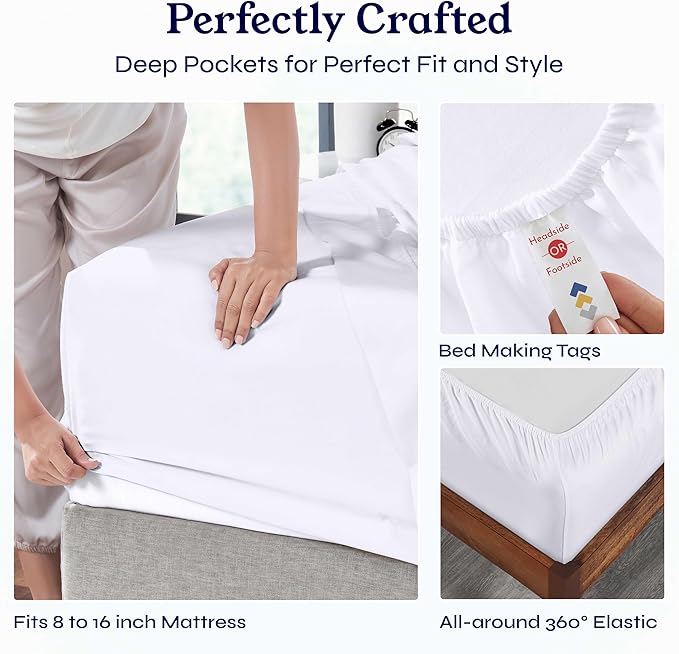 California Design Den Natural 100% Cotton Sheets Queen Size Bed Set - Soft 400 Thread Count Sateen, Queen Sheets, Deep Pockets with All Around Elastic for a Snug Fit, Cool & Durable Bedding - White