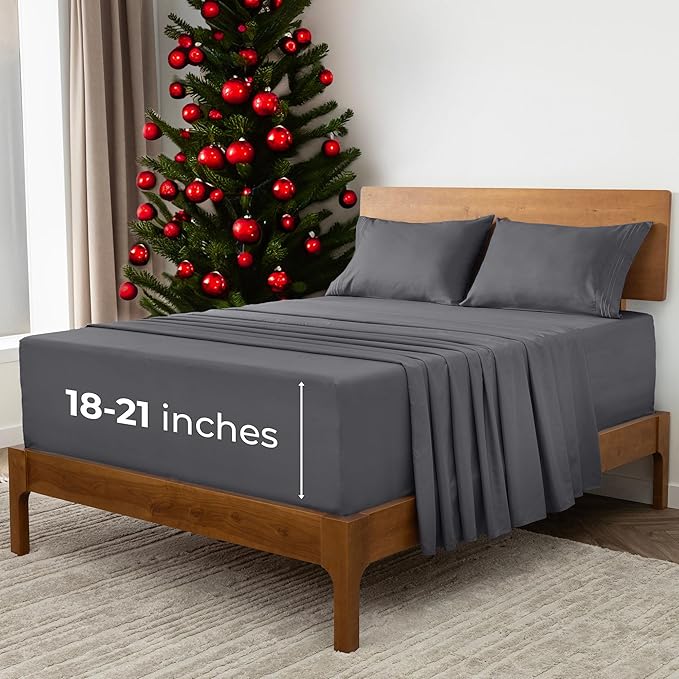 Mellanni Extra Deep King Sheets - 4 PC Iconic Collection Bedding - Hotel Luxury, Ultra Soft, Cooling Bed Sheets - Wrinkle, Fade, Stain Resistant (King, Gray)