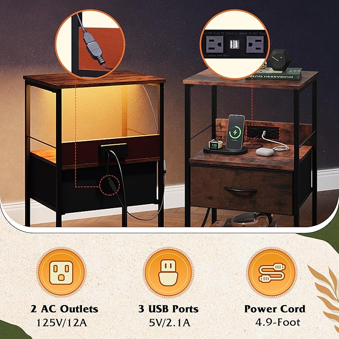 WLIVE Night Stand with Charger Station, LED Nightstand with Adjustable Fabric Drawer, 3-Tier Storage Bedside Table, Small End Side Tables for Bedroom, Rustic Brown