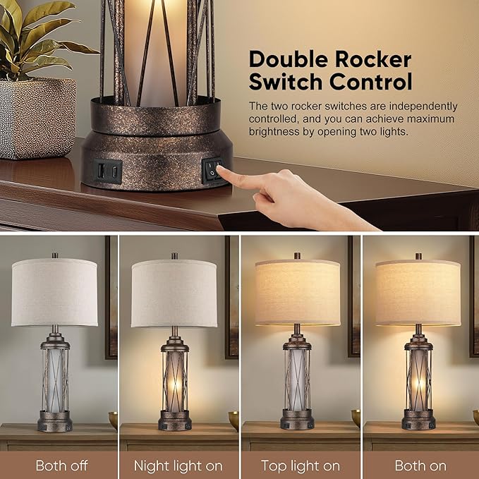 Qimh Farmhouse Table Lamps for Living Room, Rustic Nightstand Lamp for Bedroom with USB A+C Charging Ports, Frosted Glass Bedside Lamp with Night Light for Entryway End Table, 4 Bulbs Included, Bronze