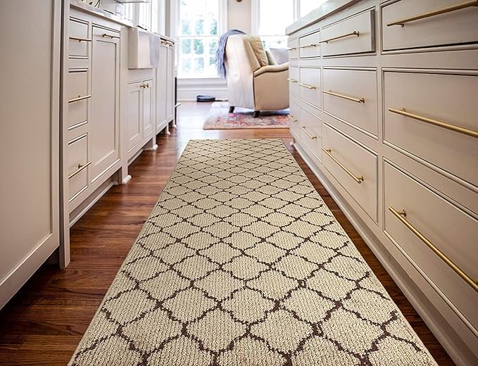 Custom Size Modern Runner Rug Carpet for Hallway Entryway Foyer Kitchen, Slip Resistant Latex Rubber Backed 31 inch Wide X Customized Length, Trellis Beige, 31 inch X 28 feet