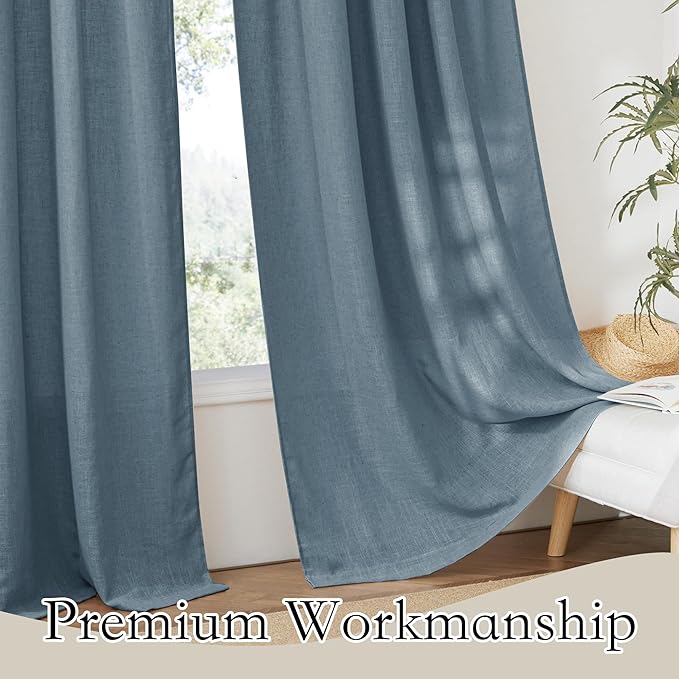 RYB HOME Linen Blended Curtains - Elegant Semi Sheer for Living Room Kitchen Bedroom, Farmhouse Light Filtering Privacy Window Treatments, W 100 x L 108 inches, Stone Blue, 1 Panel