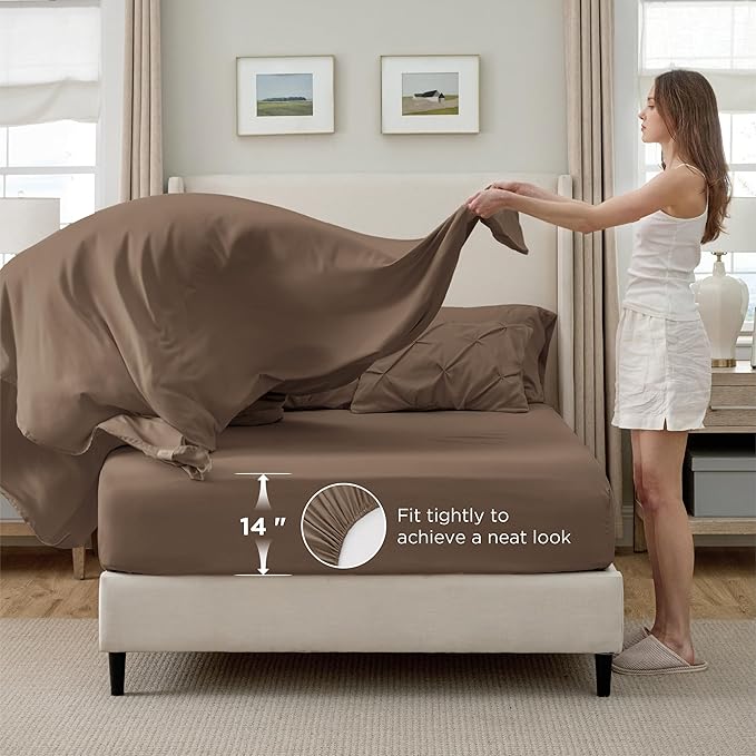 Bedsure Full Comforter Set Brown - Bed in a Bag Full Size Bedding Set 7 Pieces, GentleSoft™ Pintuck Bed Set Gift for Family, Pinch Pleat All Season Comforter with Sheets, Pillowcases & Shams